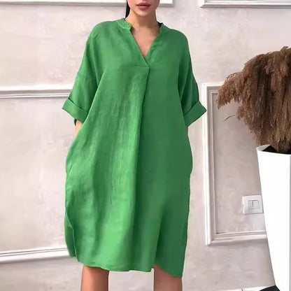 Vestido holgado de talla grande con escote en V y lino de algodón a la moda para mujer