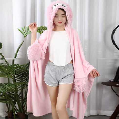 Double Layer Fleece-lined Office Nap Air Conditioning Blanket Hooded Flannel Shawl Cape