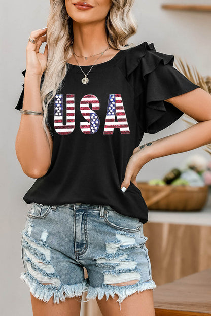 Camiseta negra con manga con volantes y gráfico de bandera estadounidense con lentejuelas