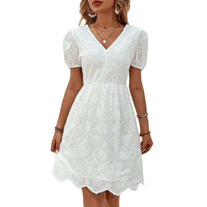 Women's Summer Wear V-free Neck Puff Sleeve Dress