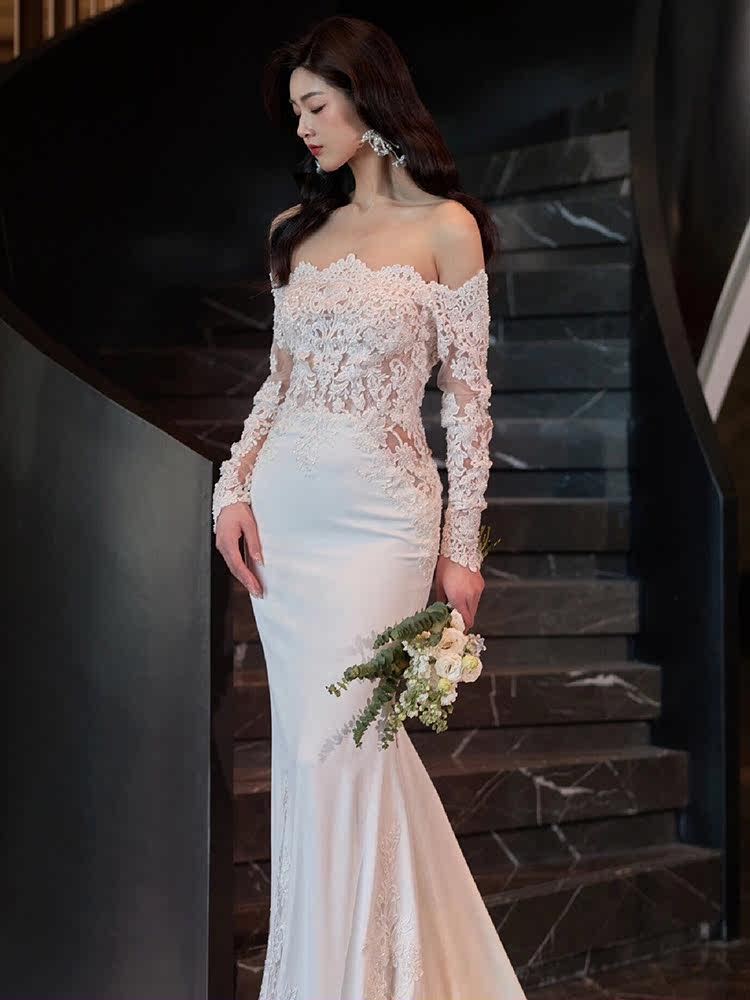 Vestido de novia de manga larga de encaje francés vintage nupcial