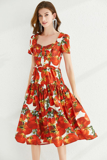 Robe dos nu à col carré rétro, couleur fleur rouge tomate, grande balançoire