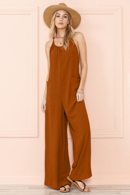 Apricot Spaghetti Straps Waist Tie Pocketed Wide Leg Jumpsuit