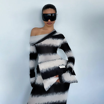 Women's Black And White Striped Asymmetric Shoulder Long Sleeve Dress