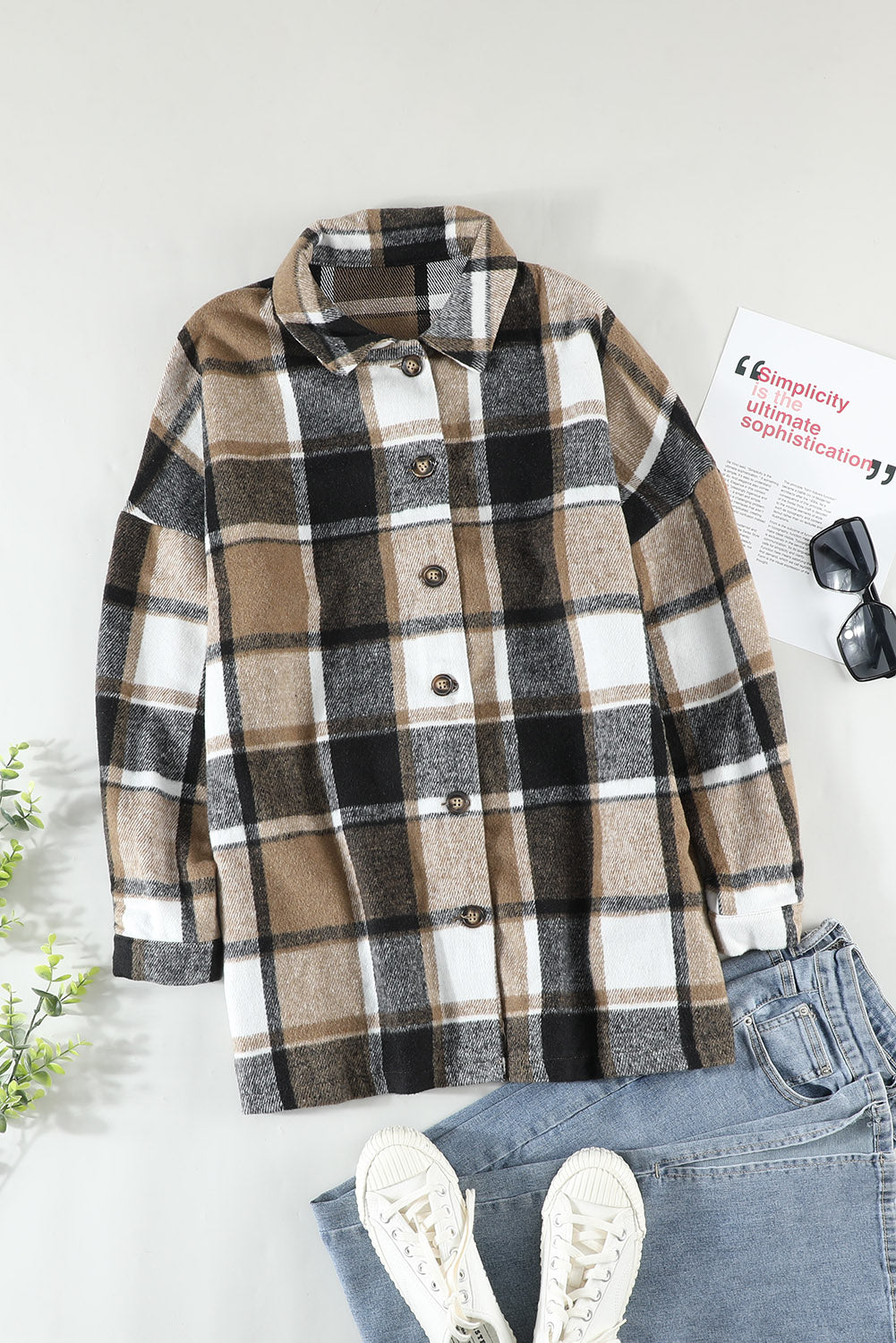 Rose Plaid Print Buttoned Shirt Jacket