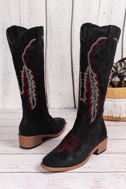 Bottes de cow-girl noires à broderie géométrique