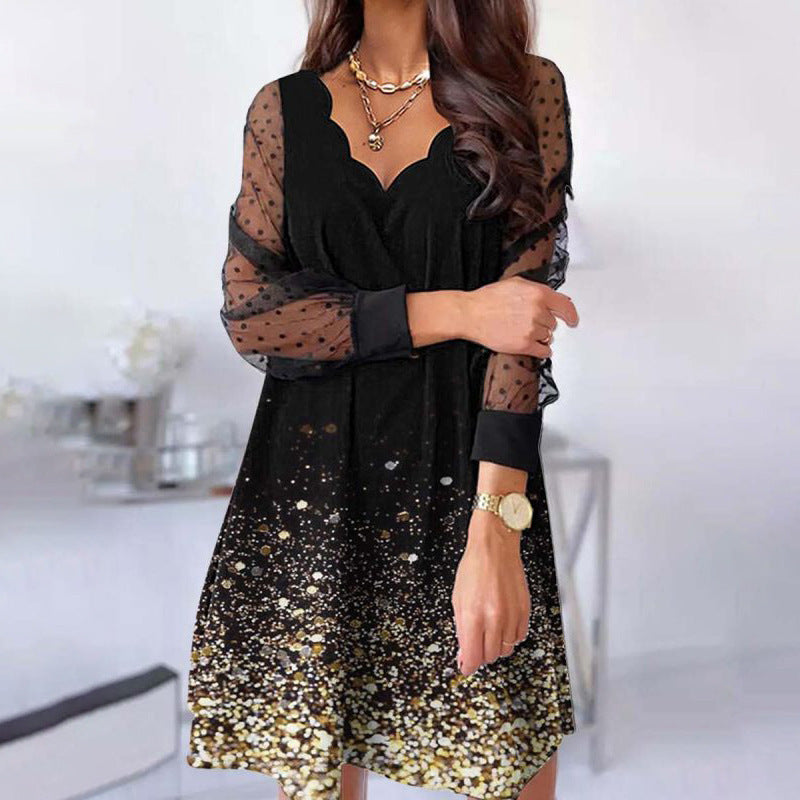 Casual Lace Long Sleeve Wave V-neck Dress