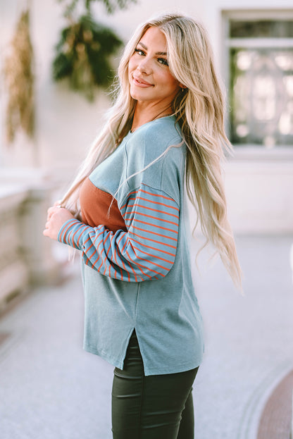 Peach Blossom Colorblock Striped Bishop Sleeve Top