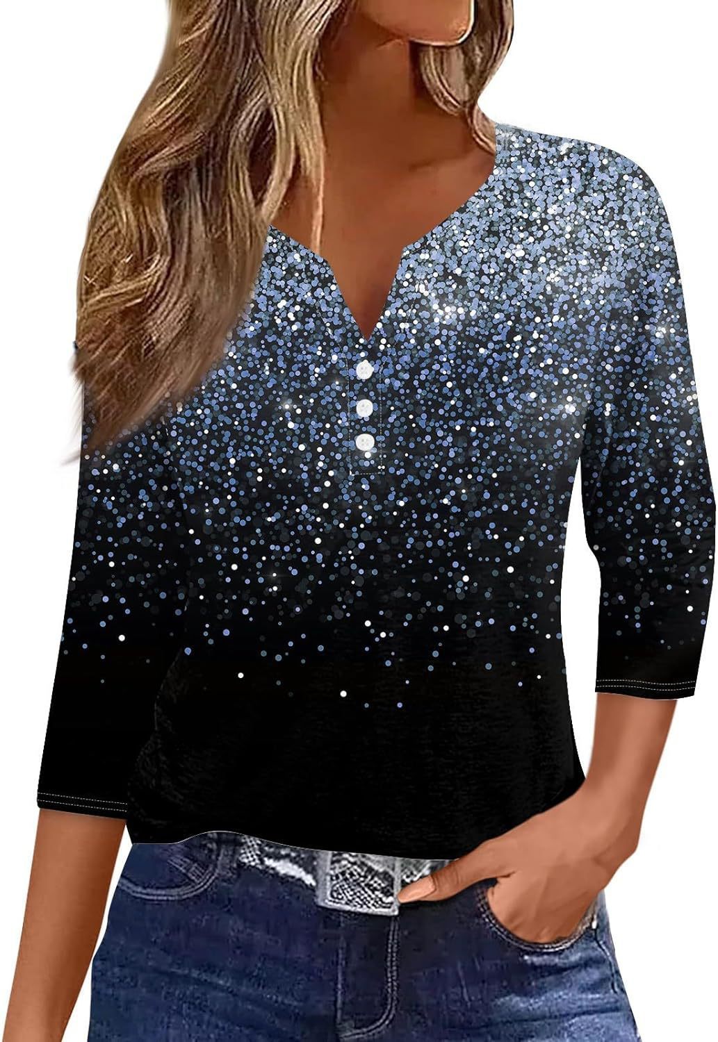 Women's V-neck Three-button 34 Sleeve Solid Color Gradient Floral Top