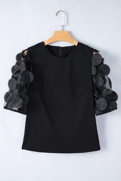 Black Contrast Applique Mesh Half Sleeve Blouse