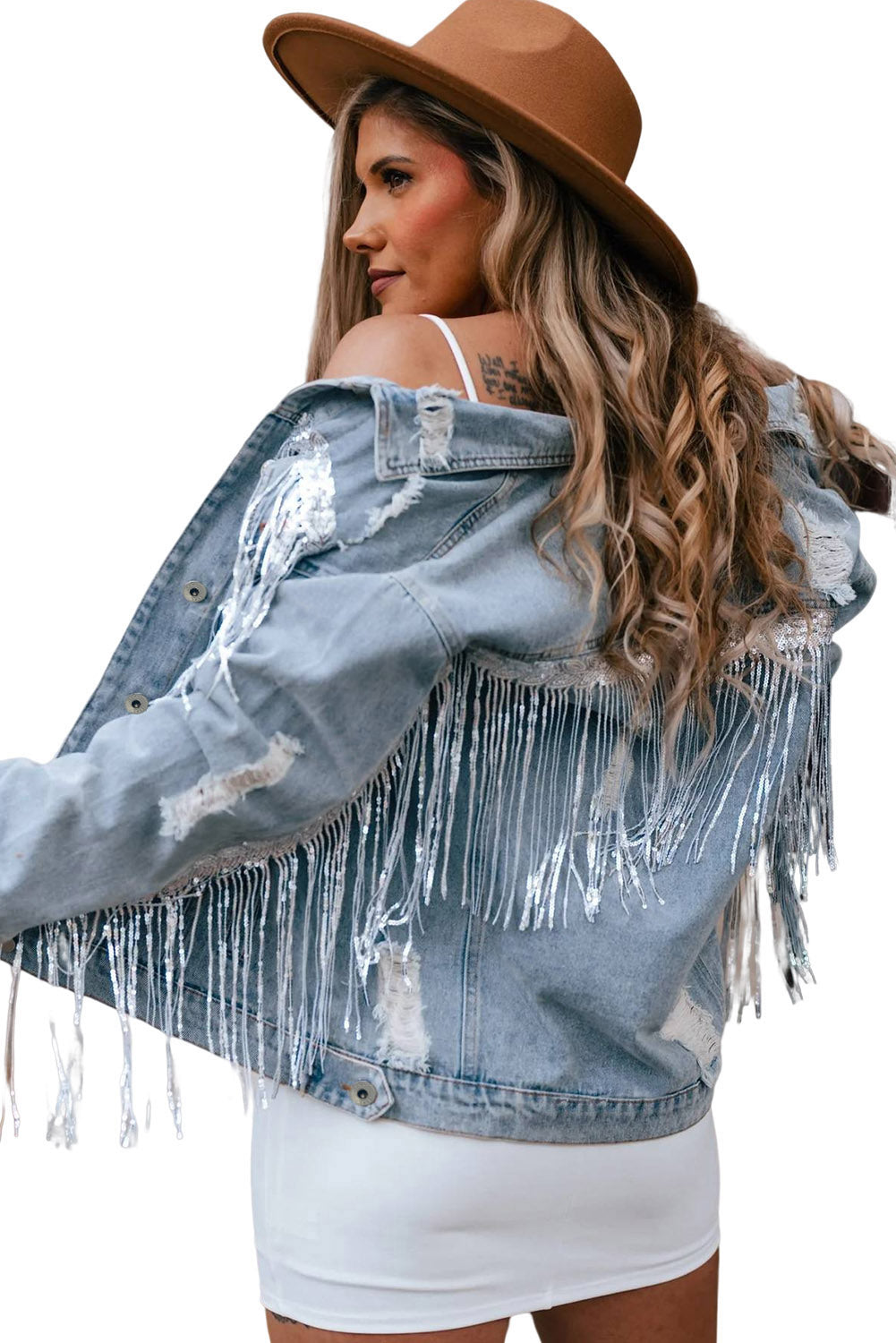 Veste en jean effet vieilli à franges ornées de sequins bleu ciel