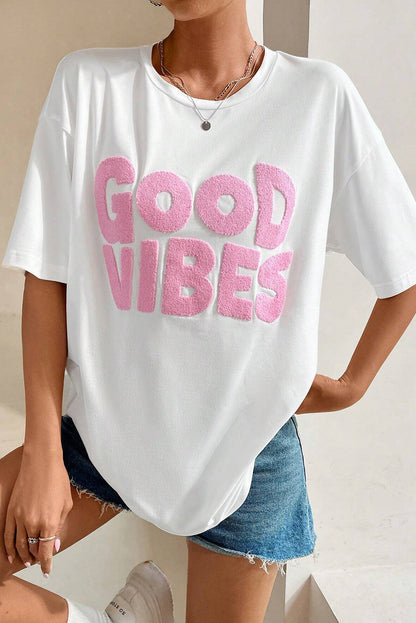 T-shirt blanc à col rond brodé en chenille GOOD VIBES