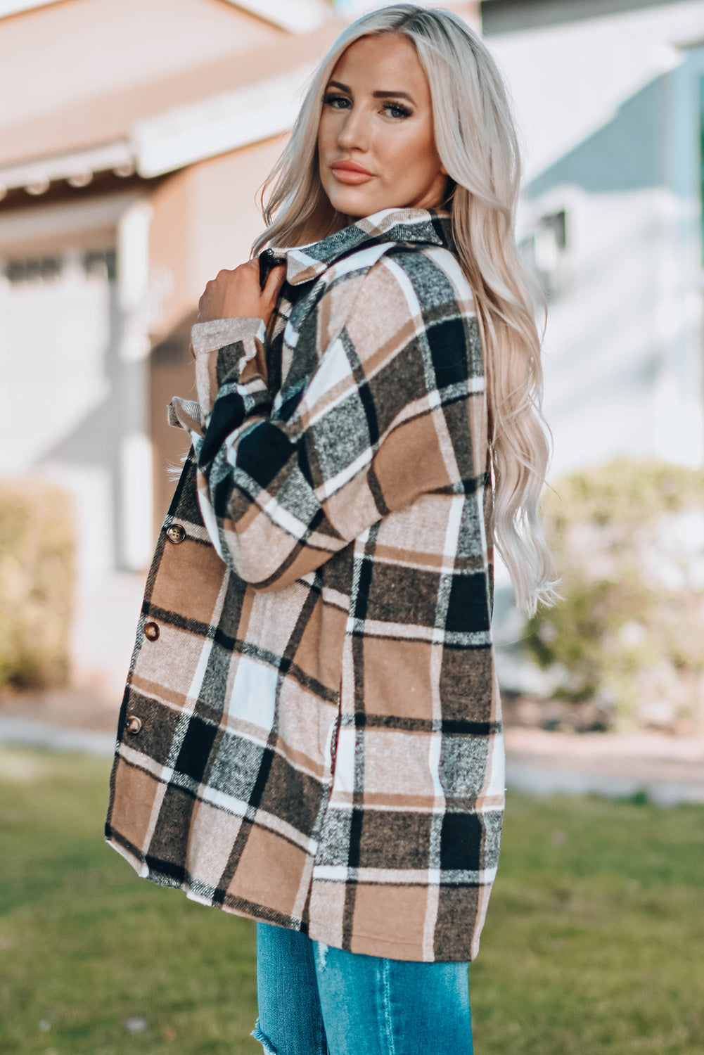 Rose Plaid Print Buttoned Shirt Jacket