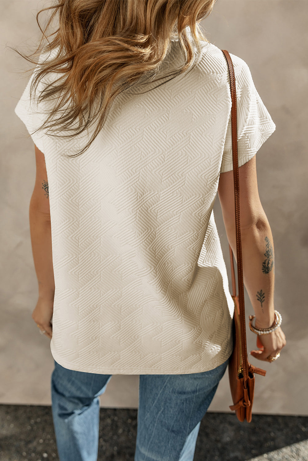 White Textured V Neck Collared Short Sleeve Top