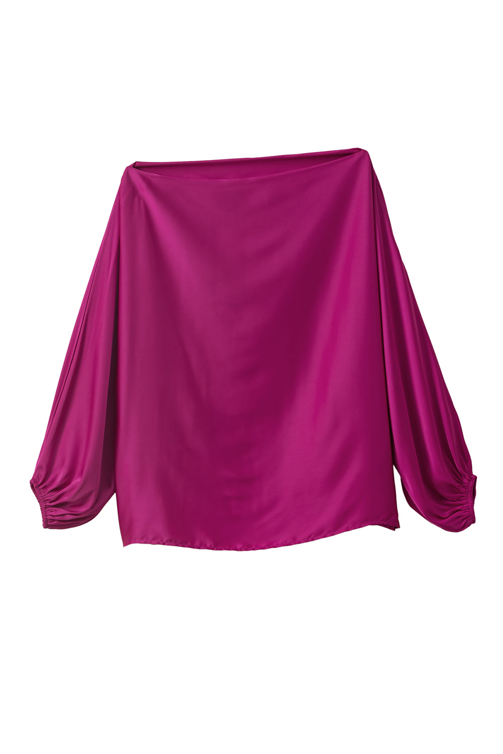 Bright Pink Solid Color Asymmetrical Neck Lantern Sleeve Blouse