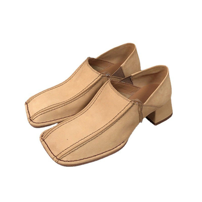 Petites chaussures simples en cuir pour femmes, rétro, tête carrée, talon moyen épais, nouvelle collection