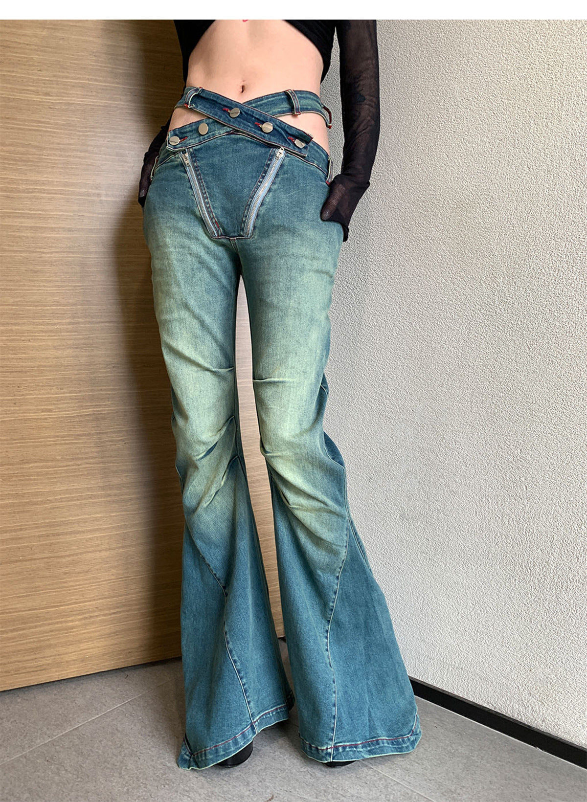 Pantalon à cloche en Denim pour fille, coupe Slim, taille haute, avec patte plissée, tendance