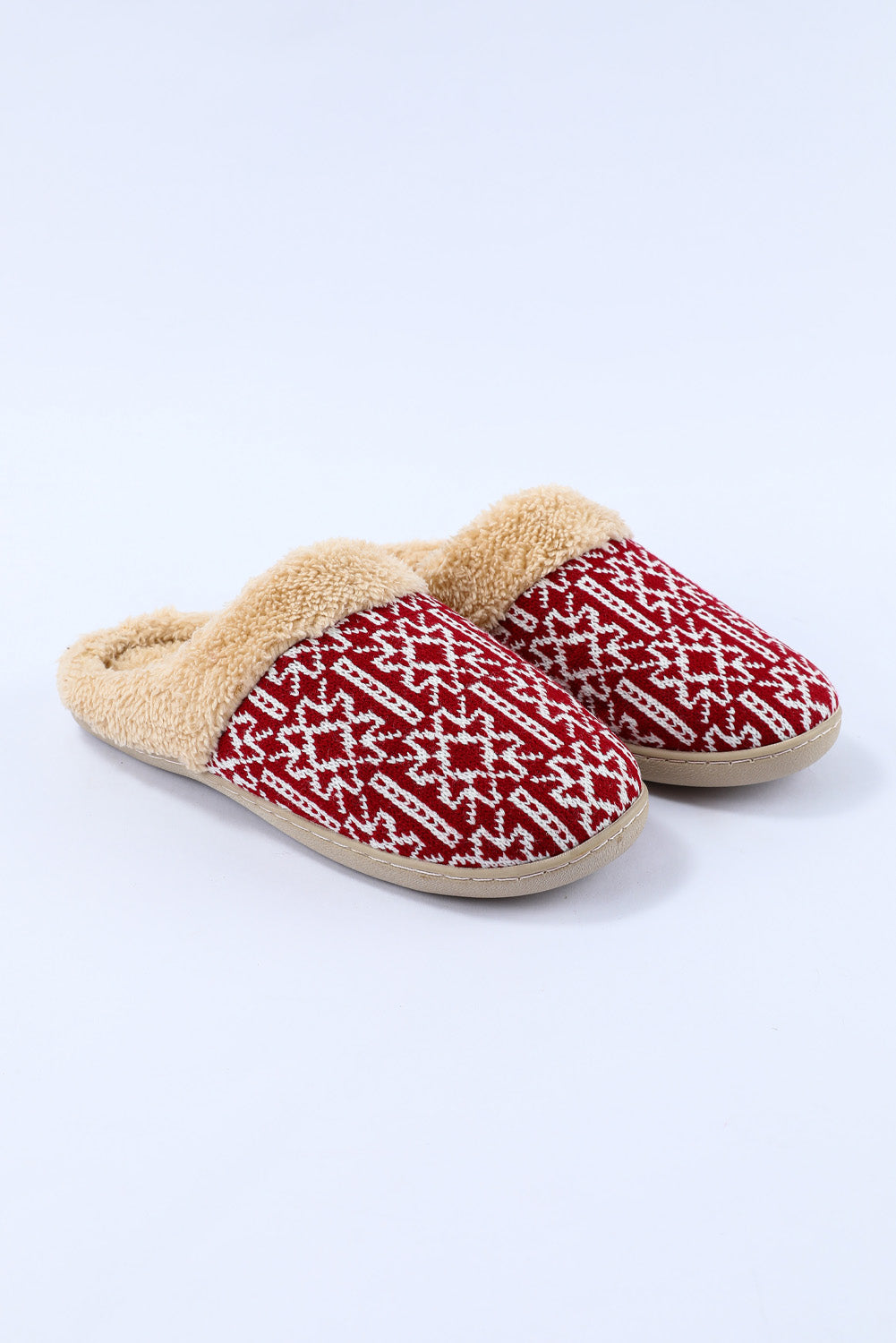 Red Suede Geometric Print Contrast Fuzzy Winter Slippers