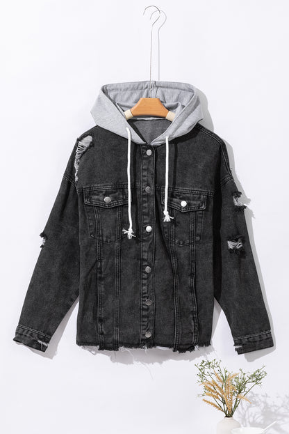 Black Drawstring Hooded Frayed Denim Jacket