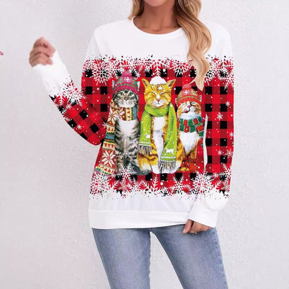 European And American Christmas Cat Printing Crew Neck Pullover Sweatshirt