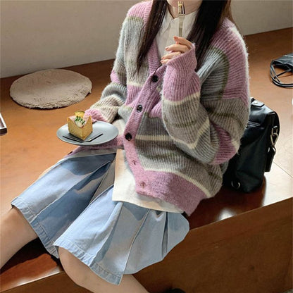 Col en v japonais paresseux Style rétro rayé pull manteau femmes