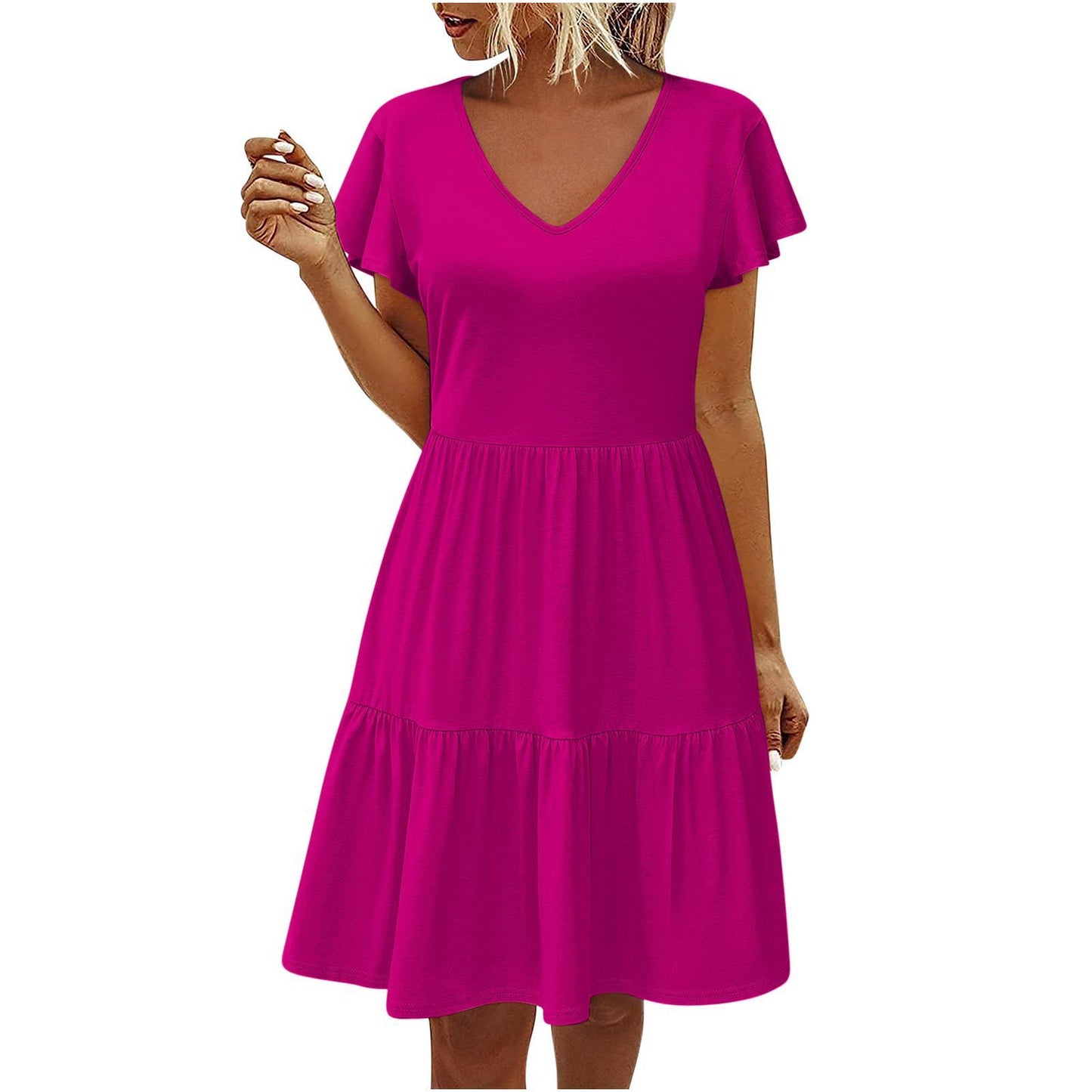 Women's Clothing Flying Sleeves Pleating Layered Short Sleeve Dress