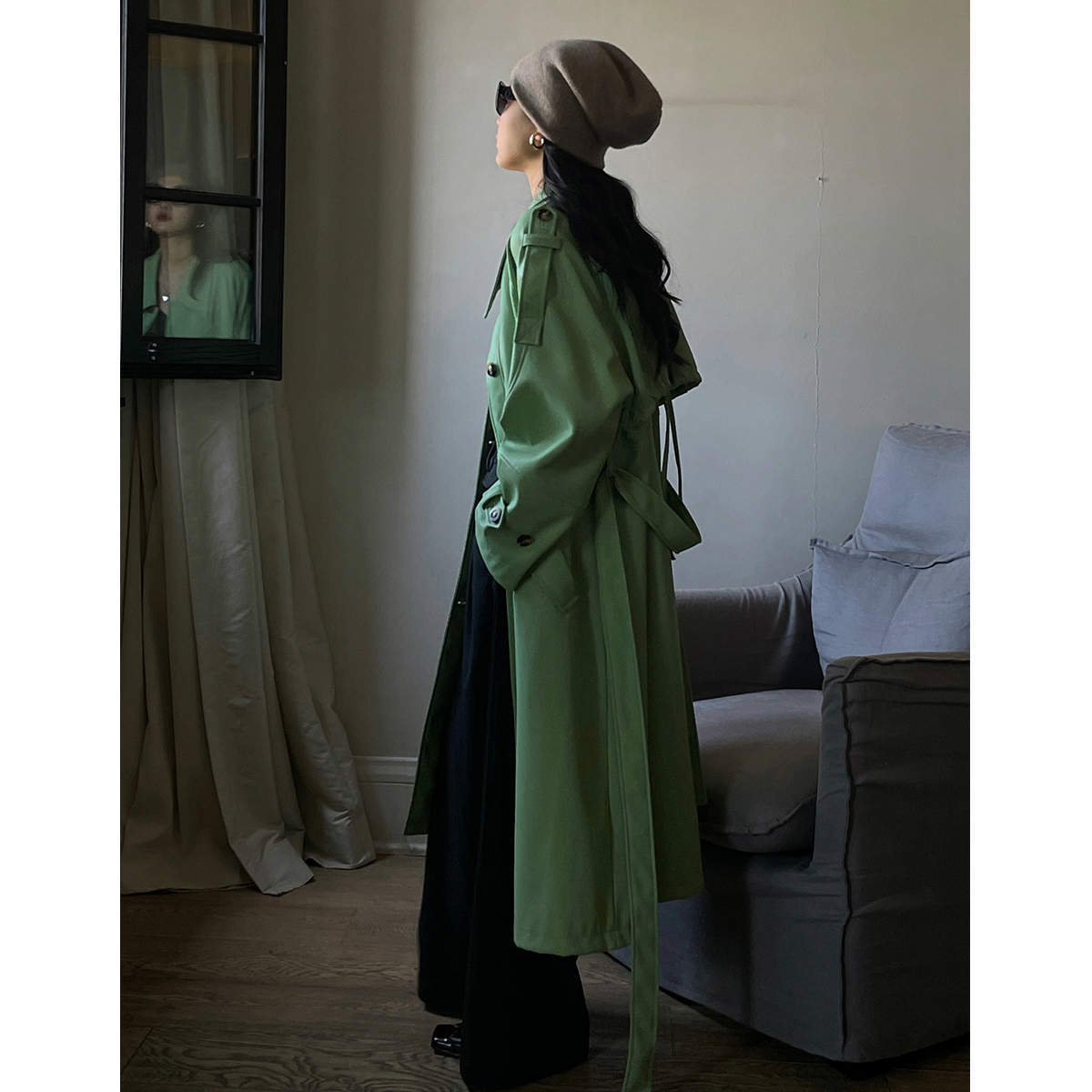 Trench-coat en cuir vert mi-long pour femme