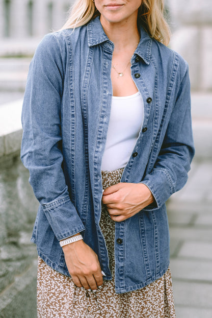 Veste chemise en jean boutonnée à manches longues bleu ciel