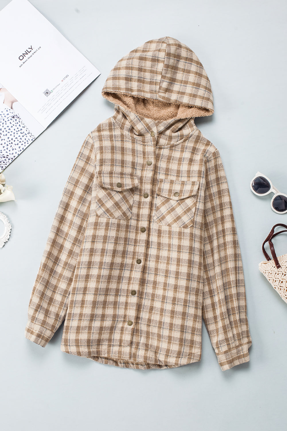 Plaid Pattern Sherpa Lined Hooded Shacket