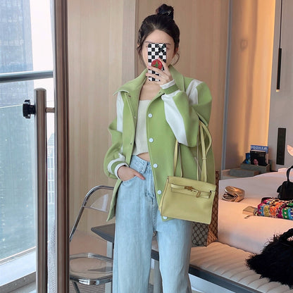 Women's Fashion Cropped Lapel Colorblock Baseball Jacket