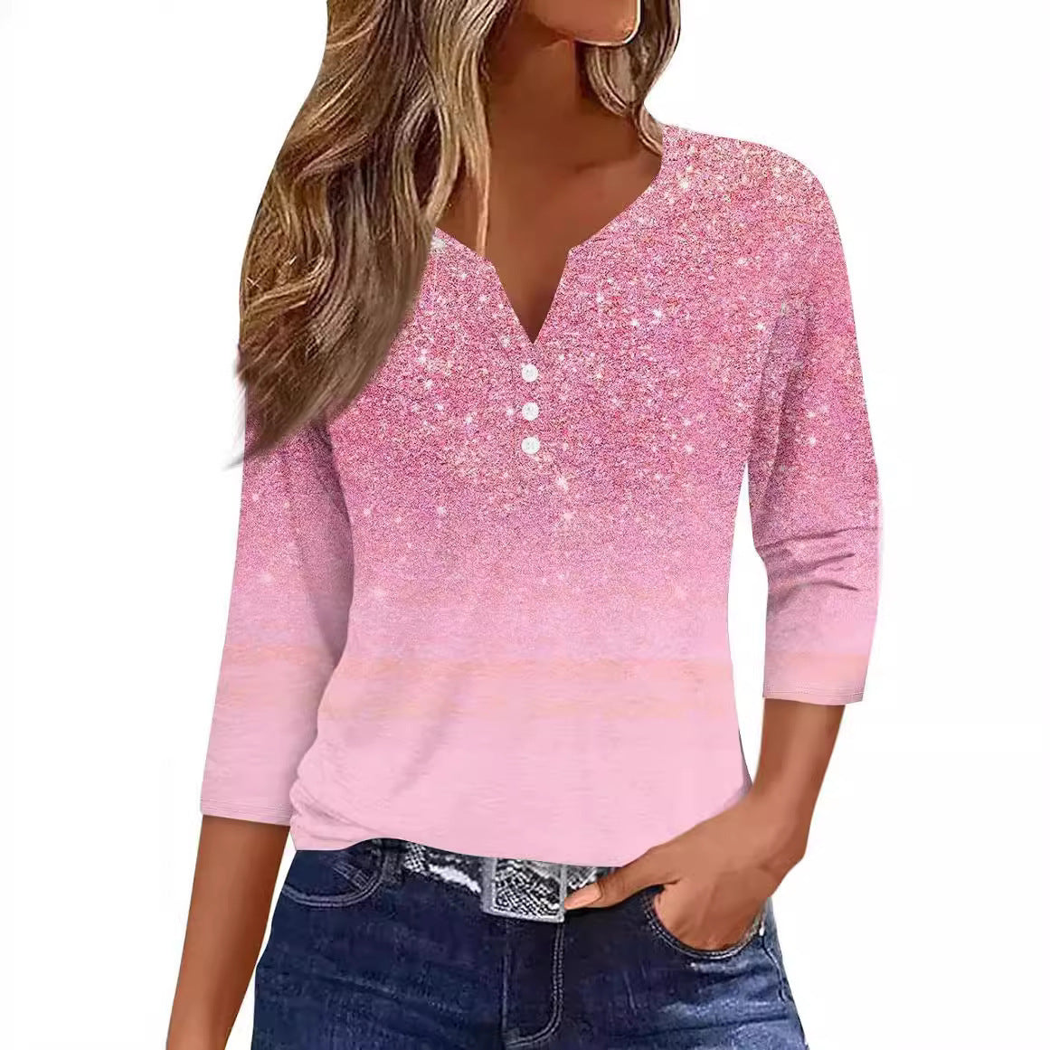 Women's V-neck Three-button 34 Sleeve Solid Color Gradient Floral Top