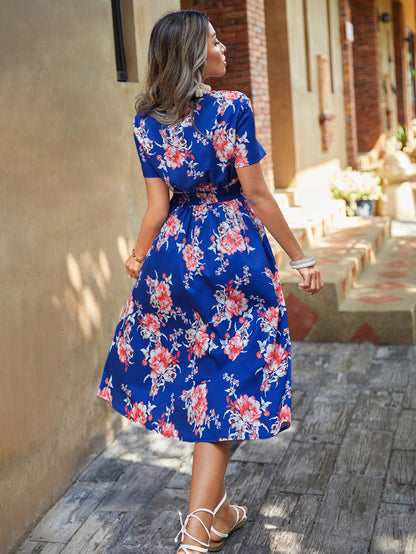 Robe midi à imprimé floral et col en V à taille élastique