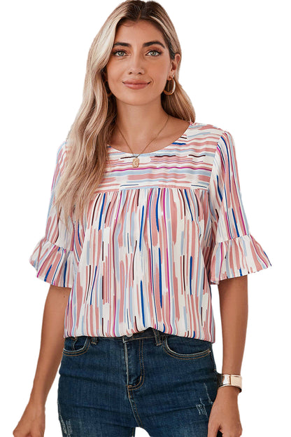 White Striped Abstract Print Ruffle Half Sleeve Blouse