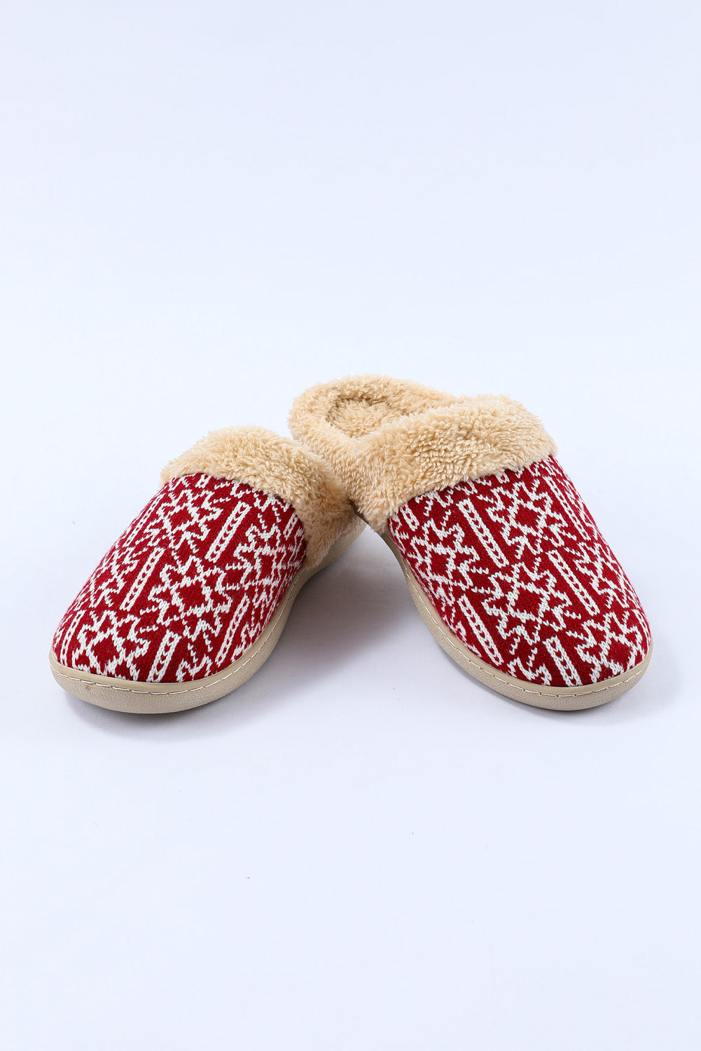 Red Suede Geometric Print Contrast Fuzzy Winter Slippers