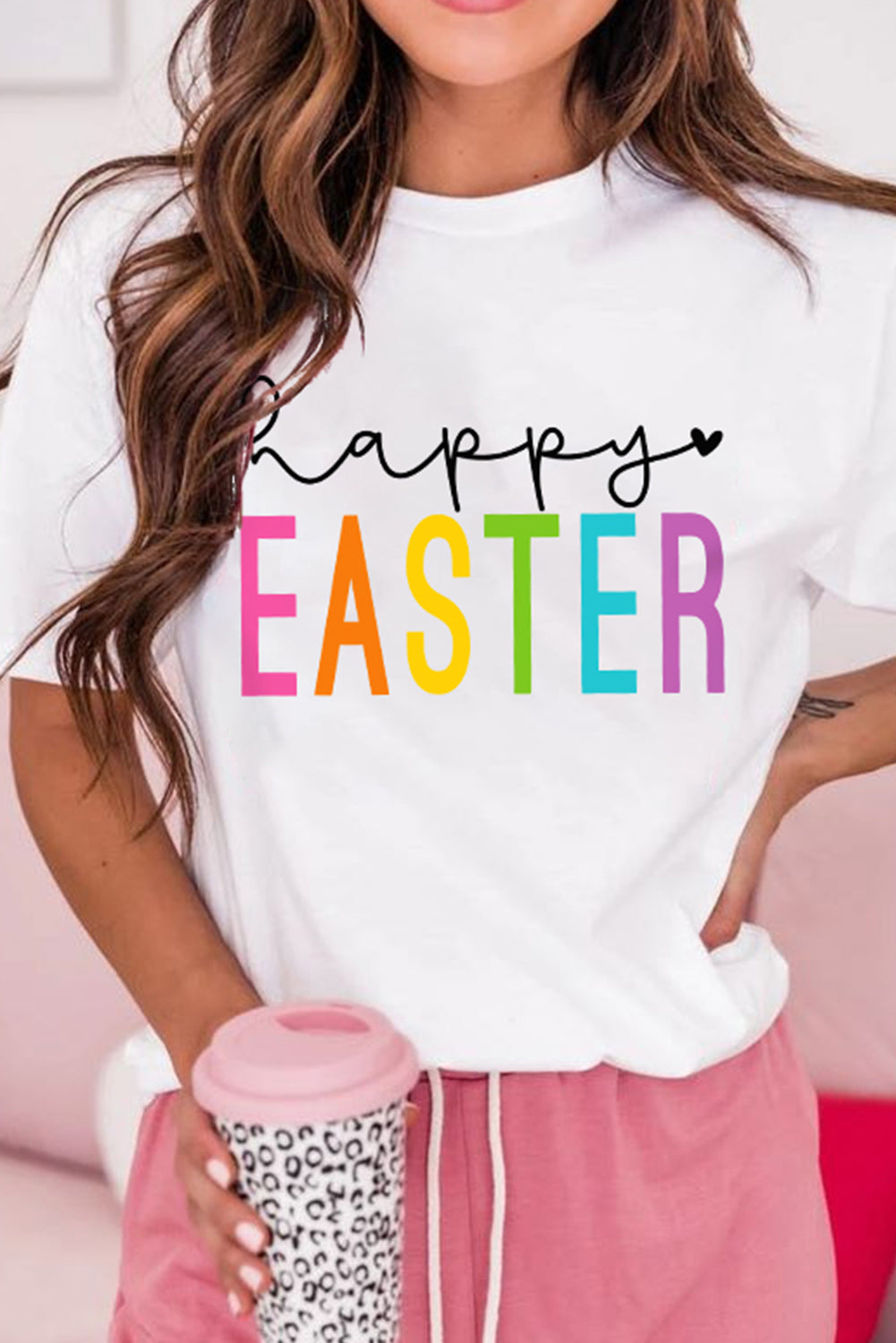 T-shirt blanc à col rond avec lettre Happy EASTER