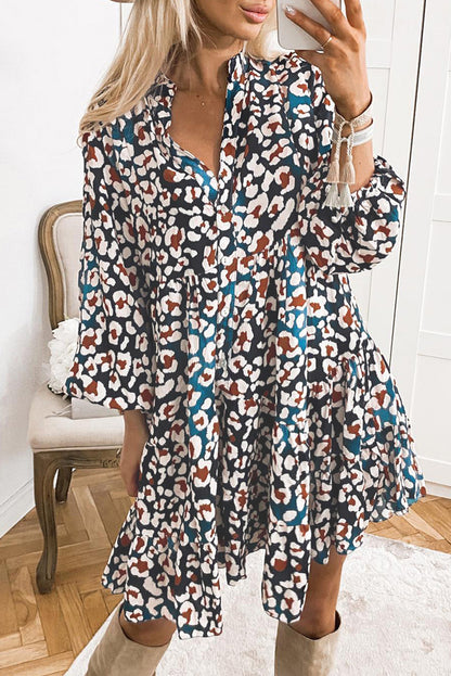 Vestido camisero con volantes y mangas de burbujas con estampado de leopardo azul