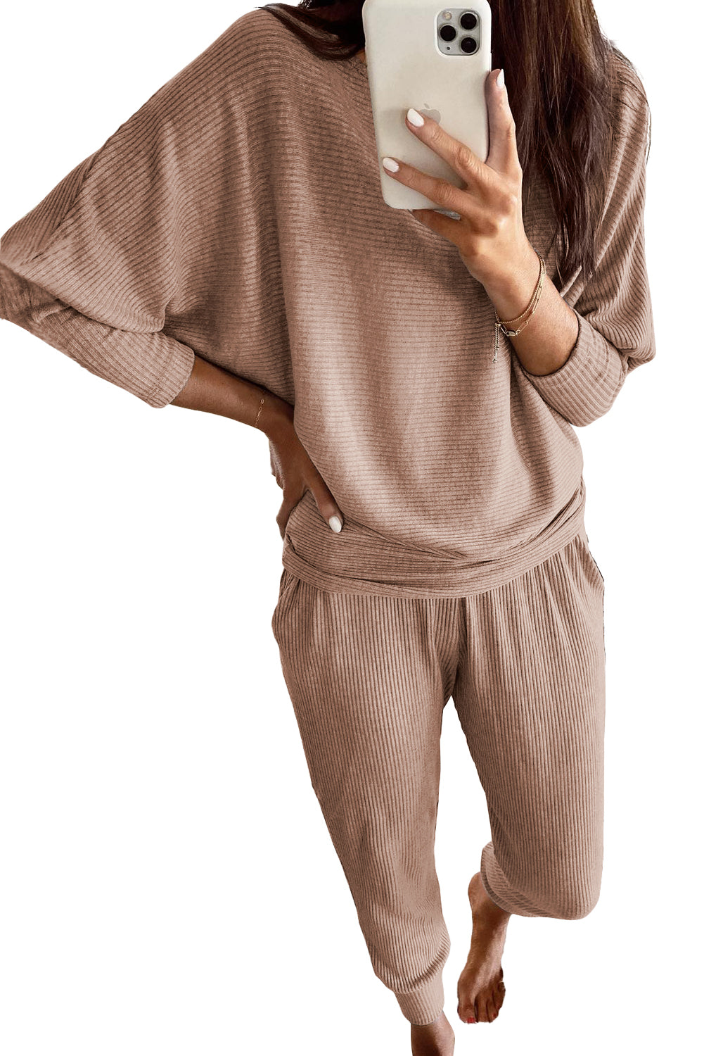 Light Grey Ribbed Dolman Sleeve Top And Pocketed Pants Set