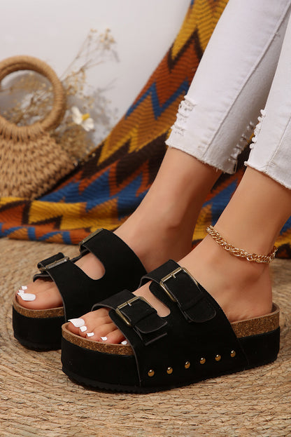 Beige Suede Buckle Decor Corky Platform Sandals