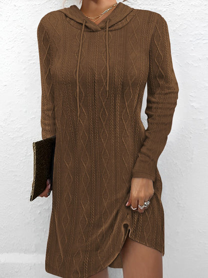 Textured Drawstring Long Sleeve Hooded Dress