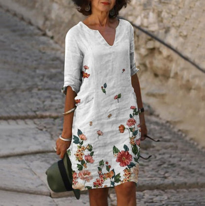 European And American Cotton And Linen Trend Printed V-neck Dress