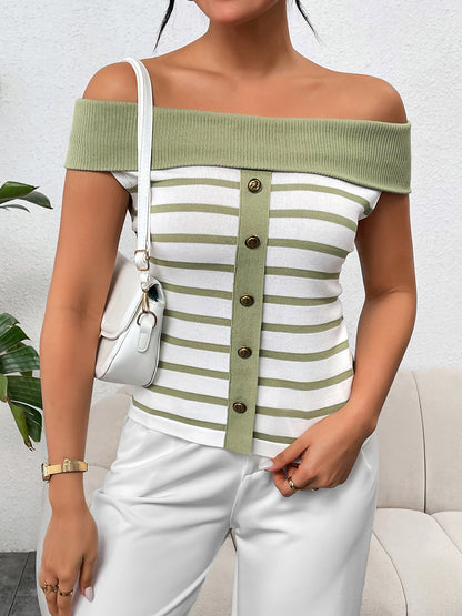 Decorative Button Striped Off-Shoulder Knit Top