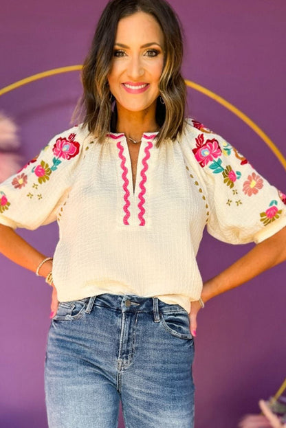 Beige Floral Embroidered Puff Sleeve Ricrac Textured Blouse