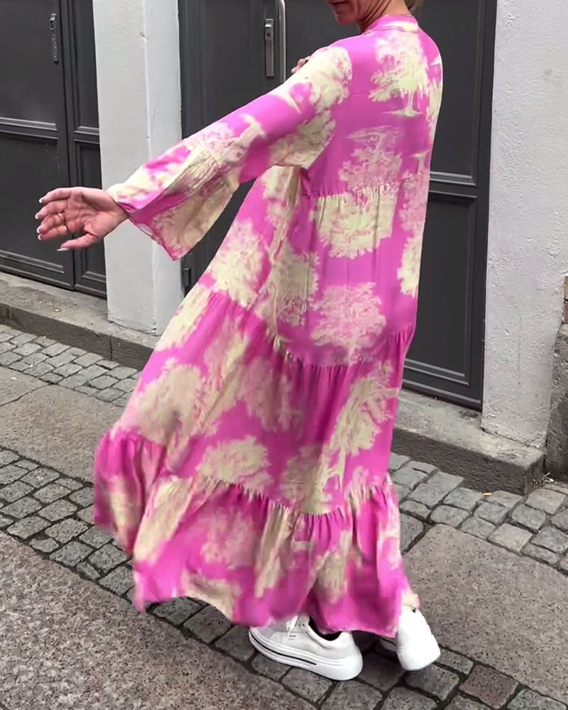 Robe ample à manches longues et à fleurs pour femme