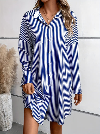 Striped Button Up Long Sleeve Mini Shirt Dress