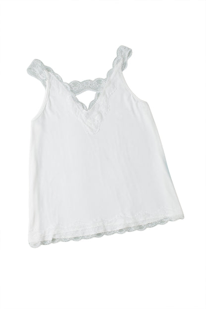 White Delicate Lace Trim Flared Tank Top