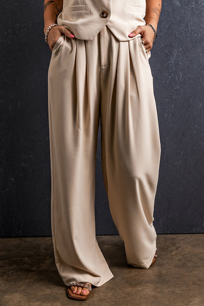 Apricot Elastic Waist Pleated Wide Leg Pants