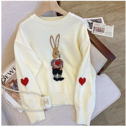 Cute Youth-looking Pullover Cartoon Rabbit Jacquard Long-sleeved Sweater