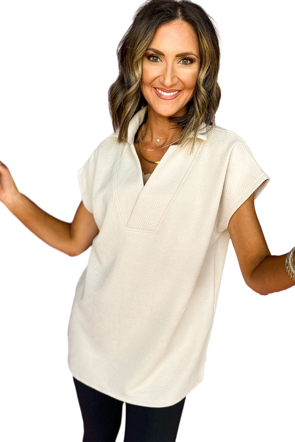 White Textured V Neck Collared Split Hem T Shirt