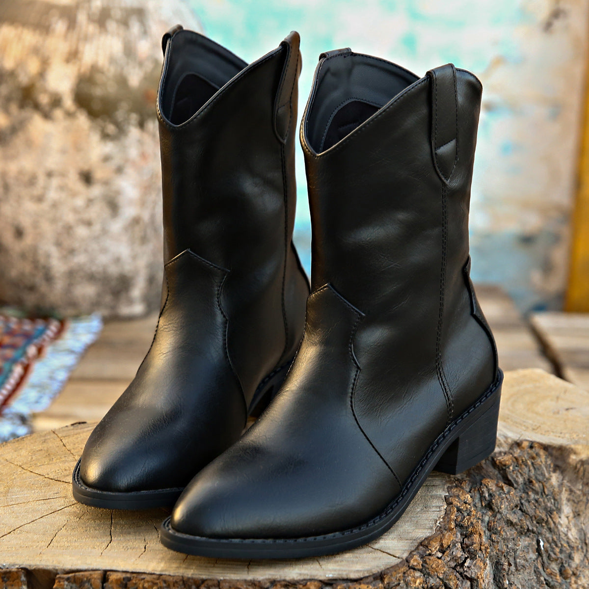 Bottes à talons blocs en cuir PU