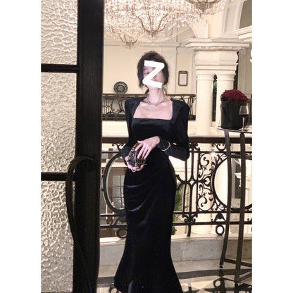 Daily Improvement Shoulder Pad Black Velvet Dress